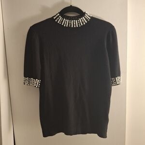 LIV Milano Elegant Black Short Sleeve Beaded Women's Sweater